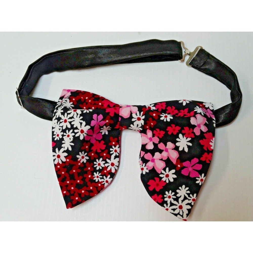 Oversized Black/Pink Floral Bow tie Vintage style 70s Wedding Prom Gift for Him